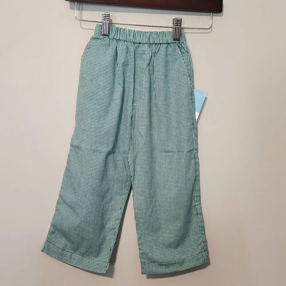 Anavini pants boys 3 green gingham lightweight cotton elastic waist New